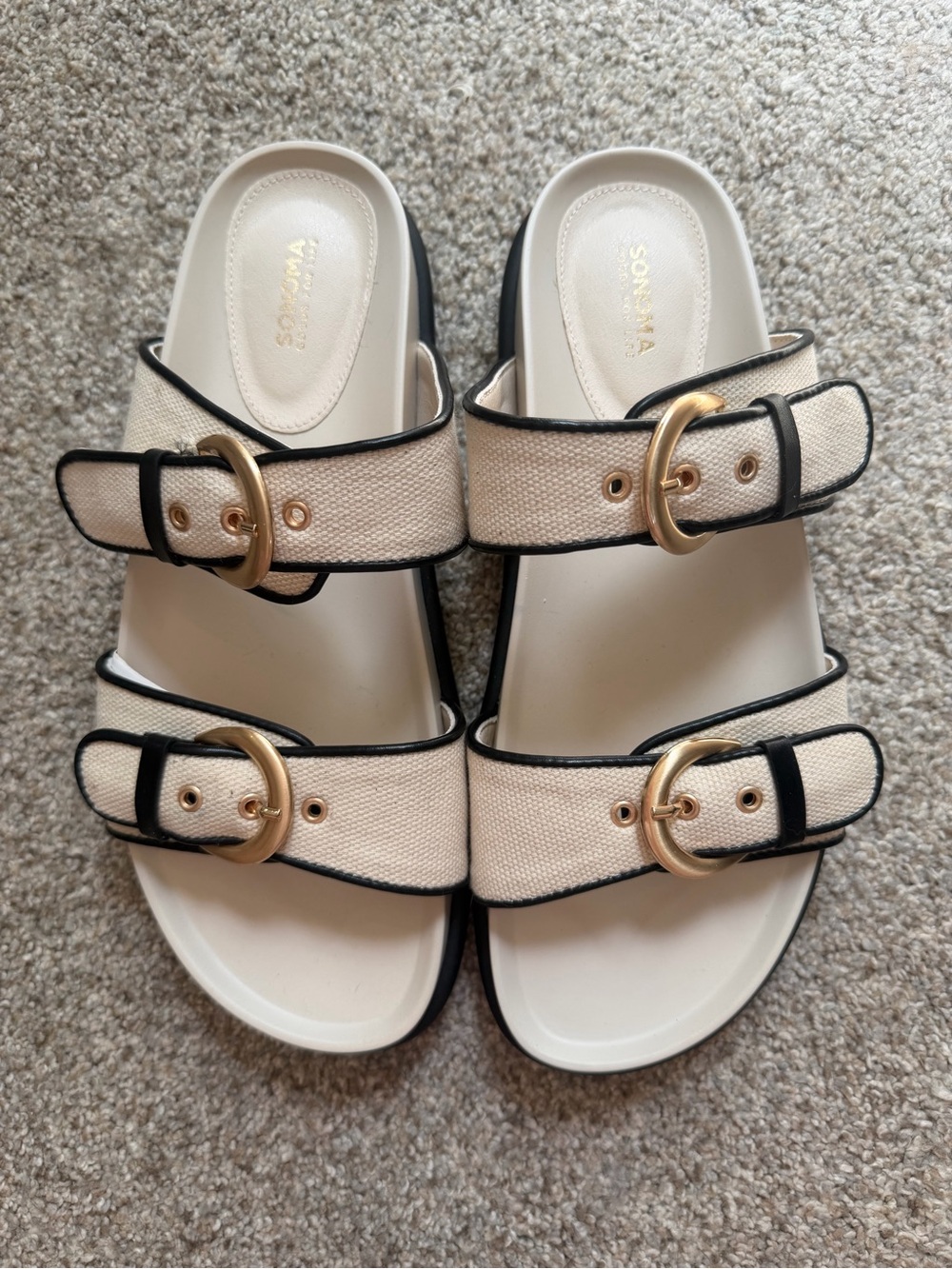 Cream & Black Double-Buckle Slide Sandals